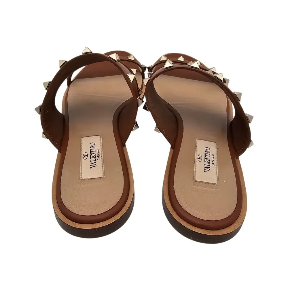 Valentino Garavani Rockstud Brown Leather Flat Sandal Strap Slide Gold Size 38 8